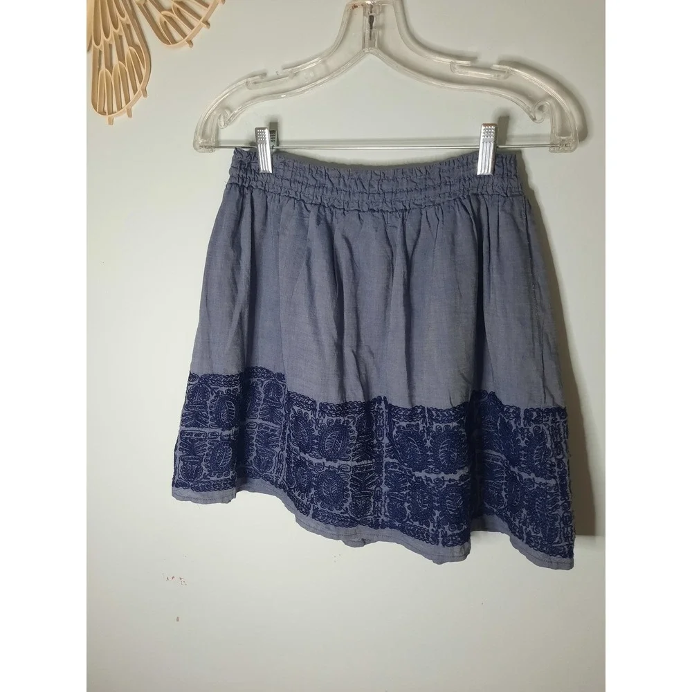 J.Crew Blue Chambray Embroidered Mini Skirt Smocked Waist Tassel Cotton Small